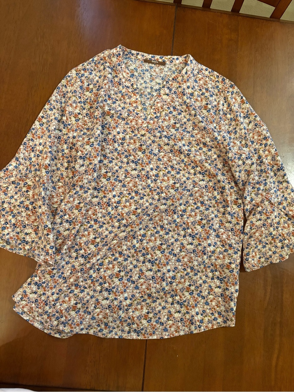 Women's Floral V-Neck Blouse in Blue and Rust